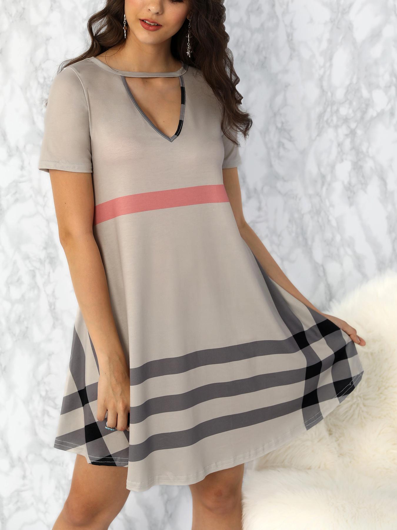 

Short Sleeve Grid Print Loose Casual Dress, Coffee