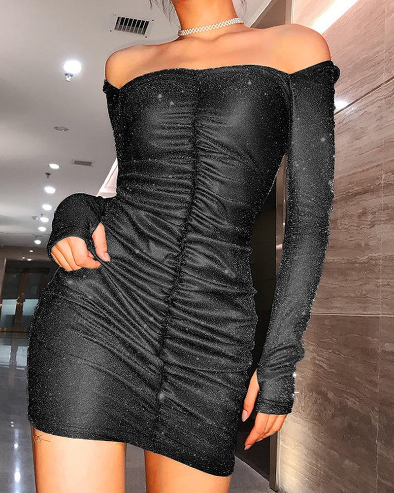

Off Shoulder Ruched Glitter Bodycon Dress, Black