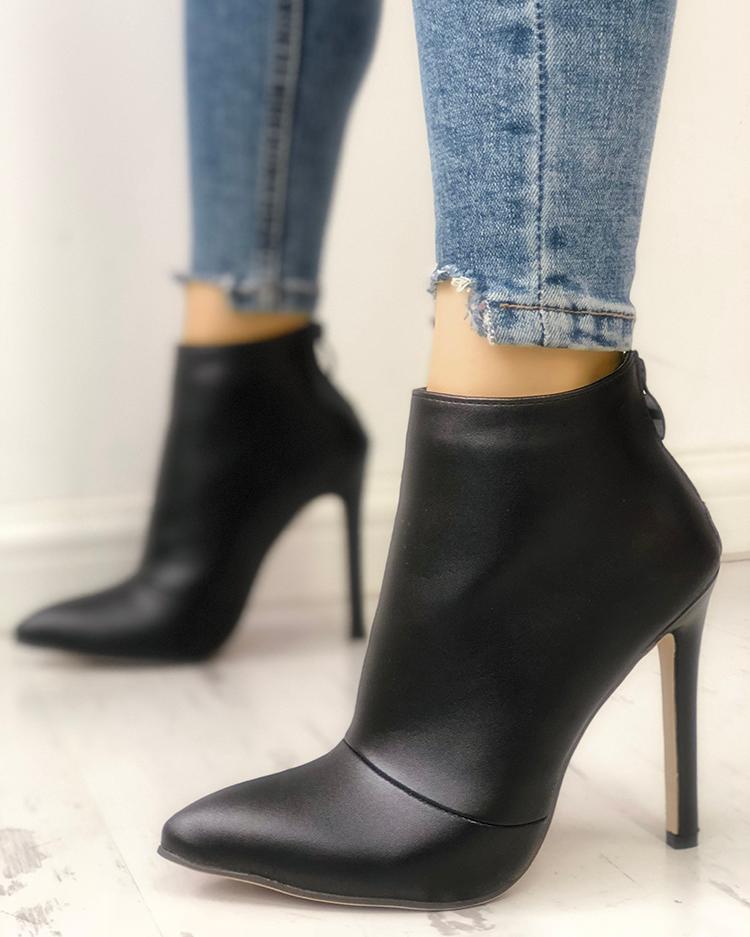 

Solid Pointed Toe Zipper Back Ankle Boots, Black