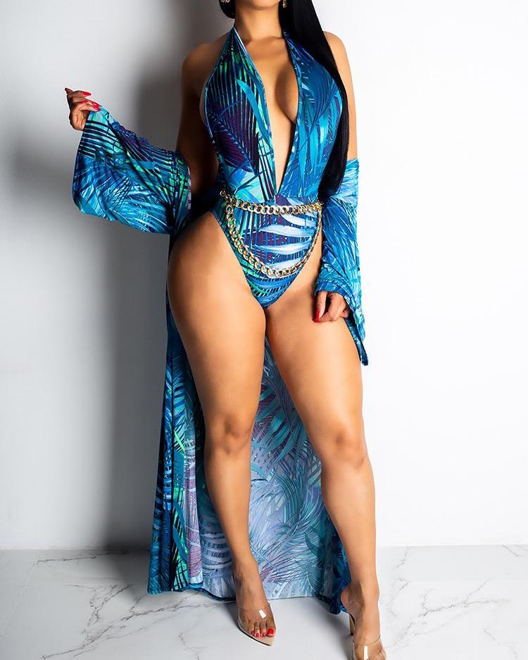 

Leaf Print One Piece Swimwear With Cover Up