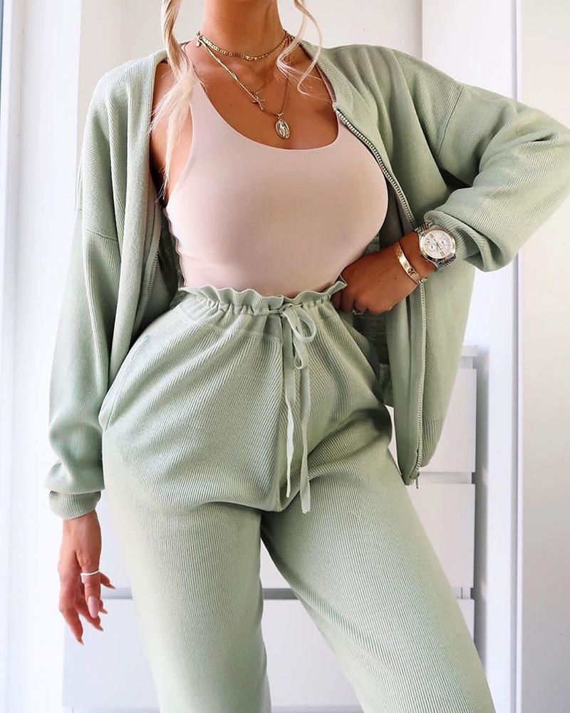 

Solid Long Sleeve Sporty Coat & Pant Set, Light green