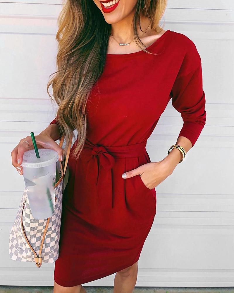 

Solid Long Sleeve Belted Design Dress, Red