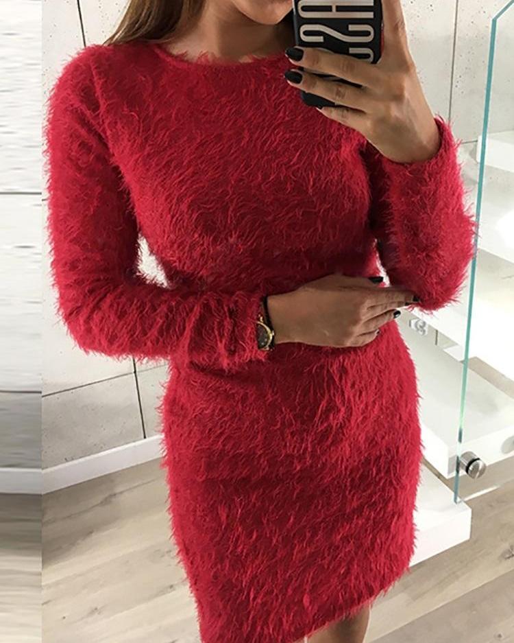 

Solid Fluffy Long Sleeve Casual Dress
