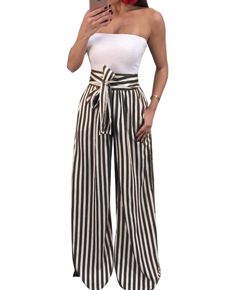 

High Waist Stripe Print Wide Leg Pants, Red;black