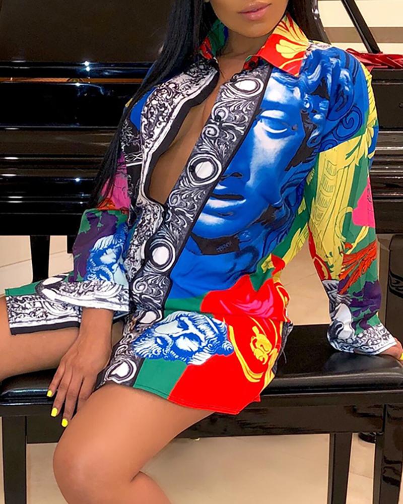 

Turn-down Collar Colorblock Figure Print Shirt Dress, Multicolor