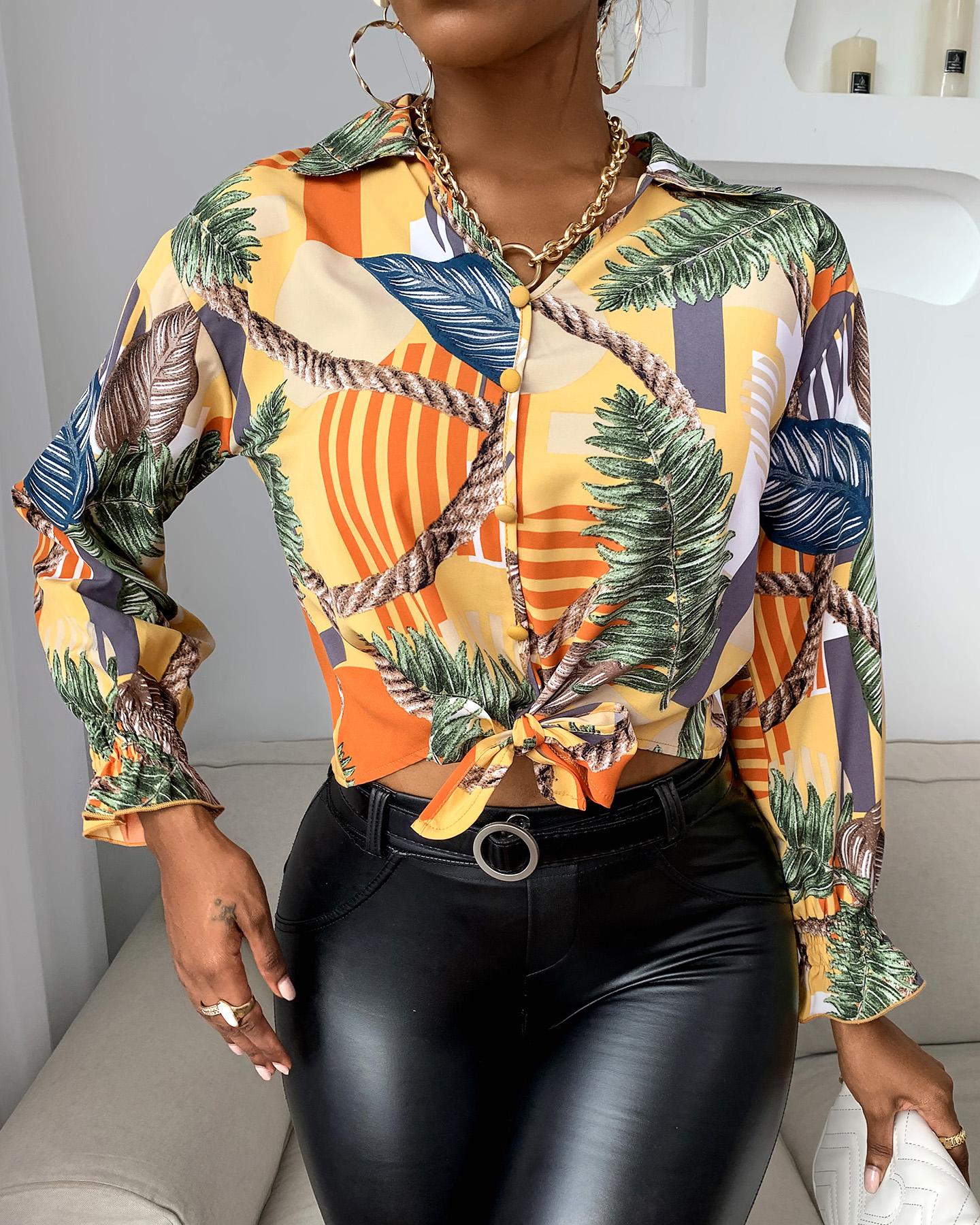 

Tropical Palm Leaf Print Buttoned Shirt, Multicolor