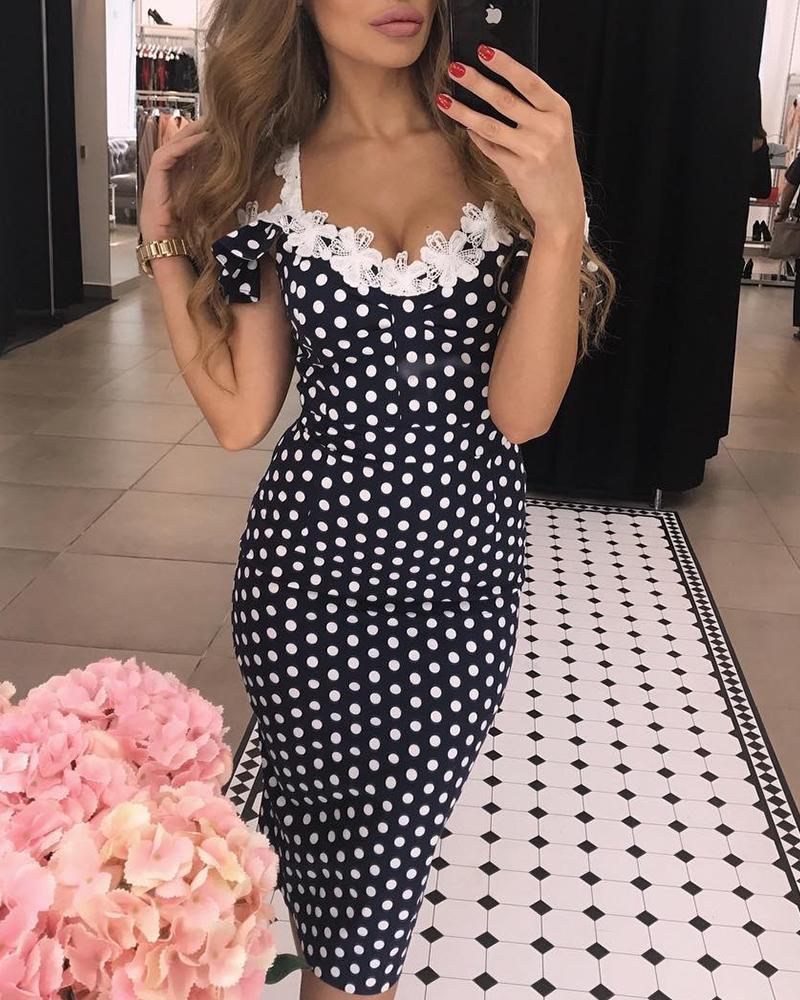 

Lace Applique Dots Print Bodycon Dress, Black