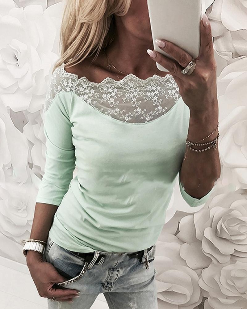 

Lace Insert Long Sleeve Casual shirt, Green