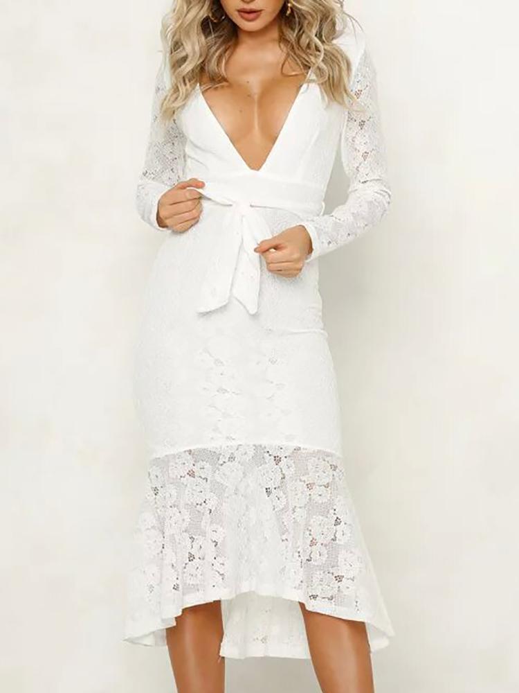 

V-Neck Lace Splicing Irregular Belted Dress, White