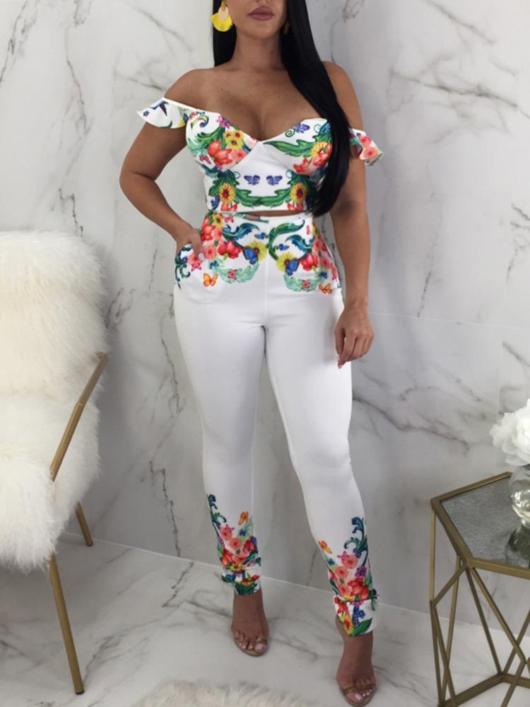

Retro Floral Off Shoulder Crop Top&Pant Sets, White