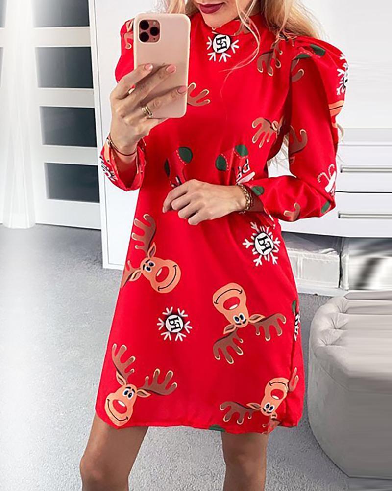

Christmas Mixed Print Puffed Sleeve Dress, Red