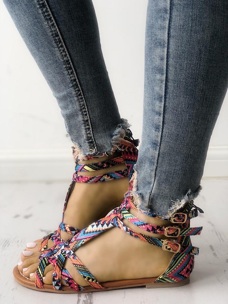 

Tribal Print Crisscross Open Toe Flat Sandals, Green
