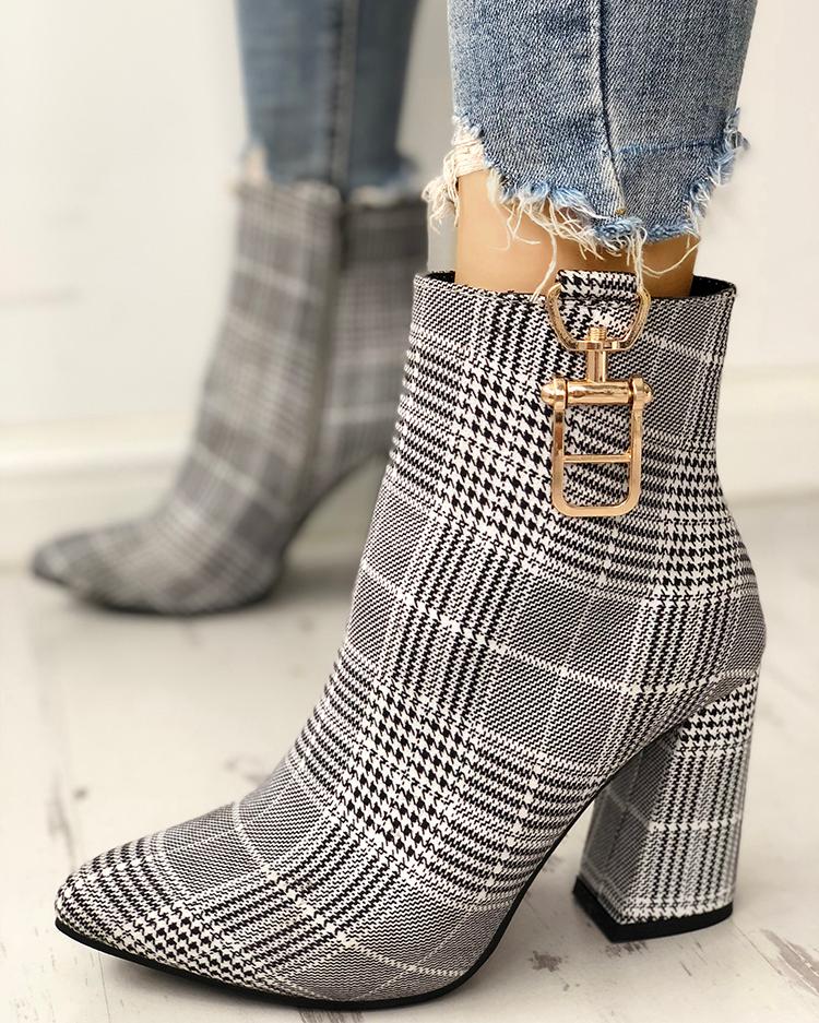 

Houndstooth Print Metallic Decorated Chunky Boots, Black