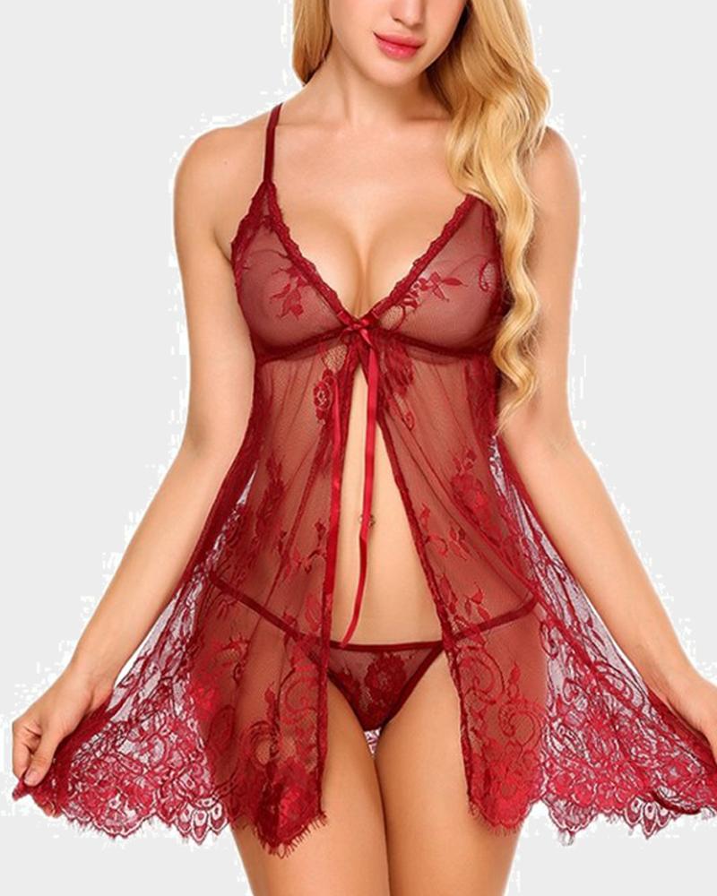 

Solid Lace Strap Slit Loose Babydoll, Wine red