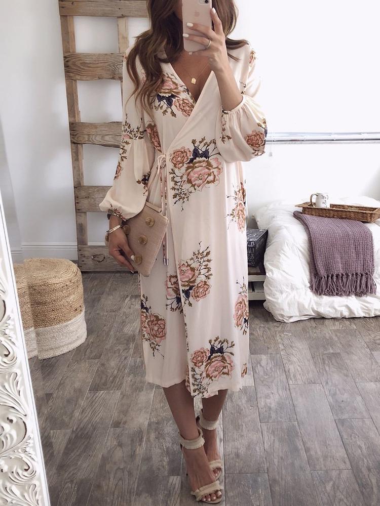 

Puff Sleeve Floral Print Belted Wrap Dress