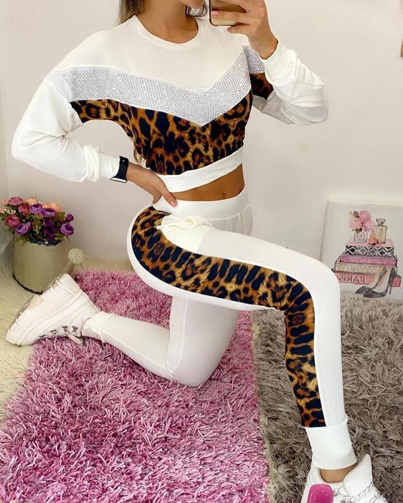 

Studded Cheetah Print Colorblock Top & Pants Set, White
