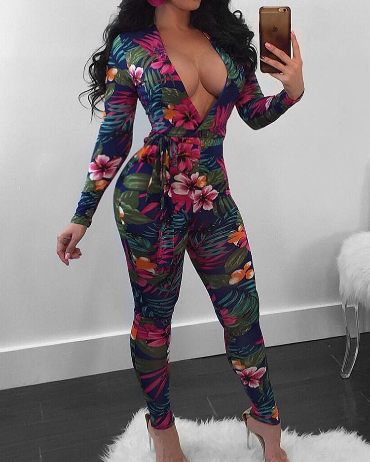 

Sexy Deep V Tropical Floral Skinny Jumpsuit, Multicolor