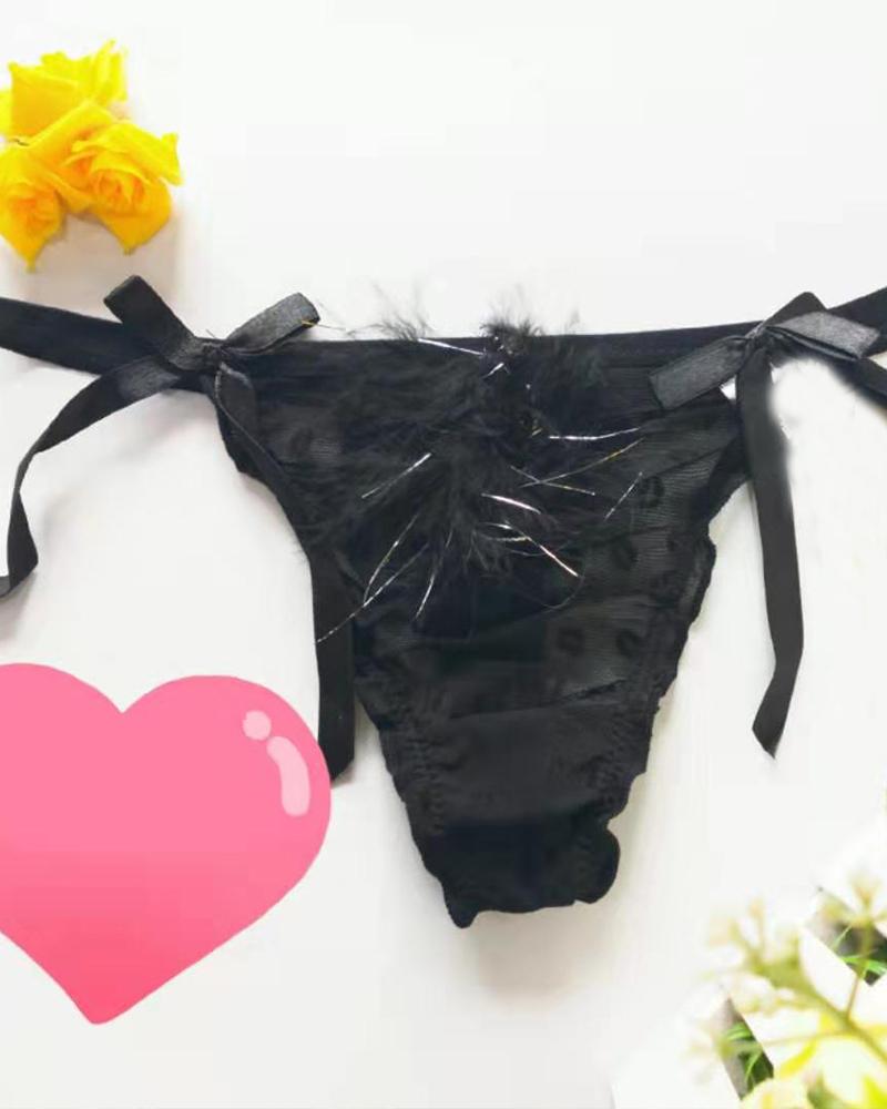 

Lip Print Feather Detail Tie Side Panty, Black