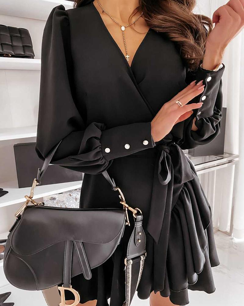 

Button Design Long Sleeve Ruffles Casual Dress, Black