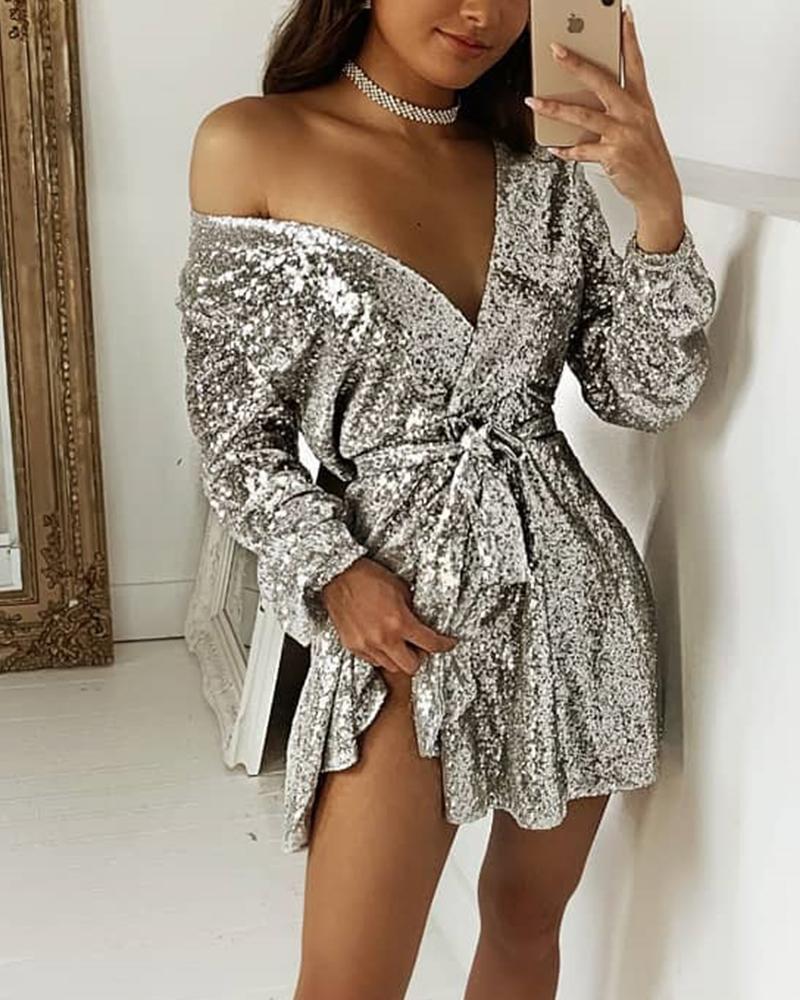 

V Neck Sequined Mini Dress, Silver