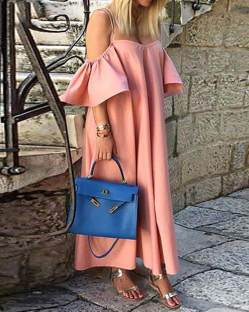

Cold Shoulder Ruffles Spaghetti Strap Maxi Dress, Pink
