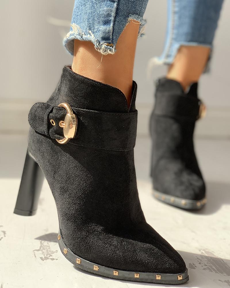 

Suede Pointed Toe Ankle-Buckled Thin Heeled Boots, Black
