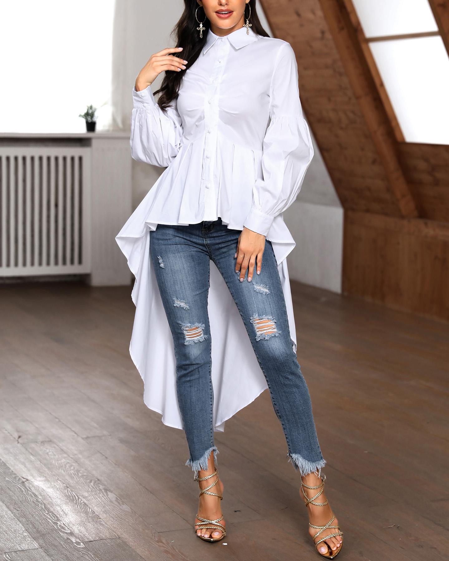 

Puff Sleeves Beaded Button Dip Hem Blouse, White