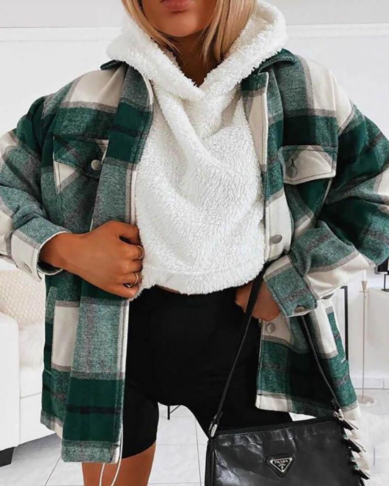 

Plaid Pocket Design Buttoned Casual Jacket, Green