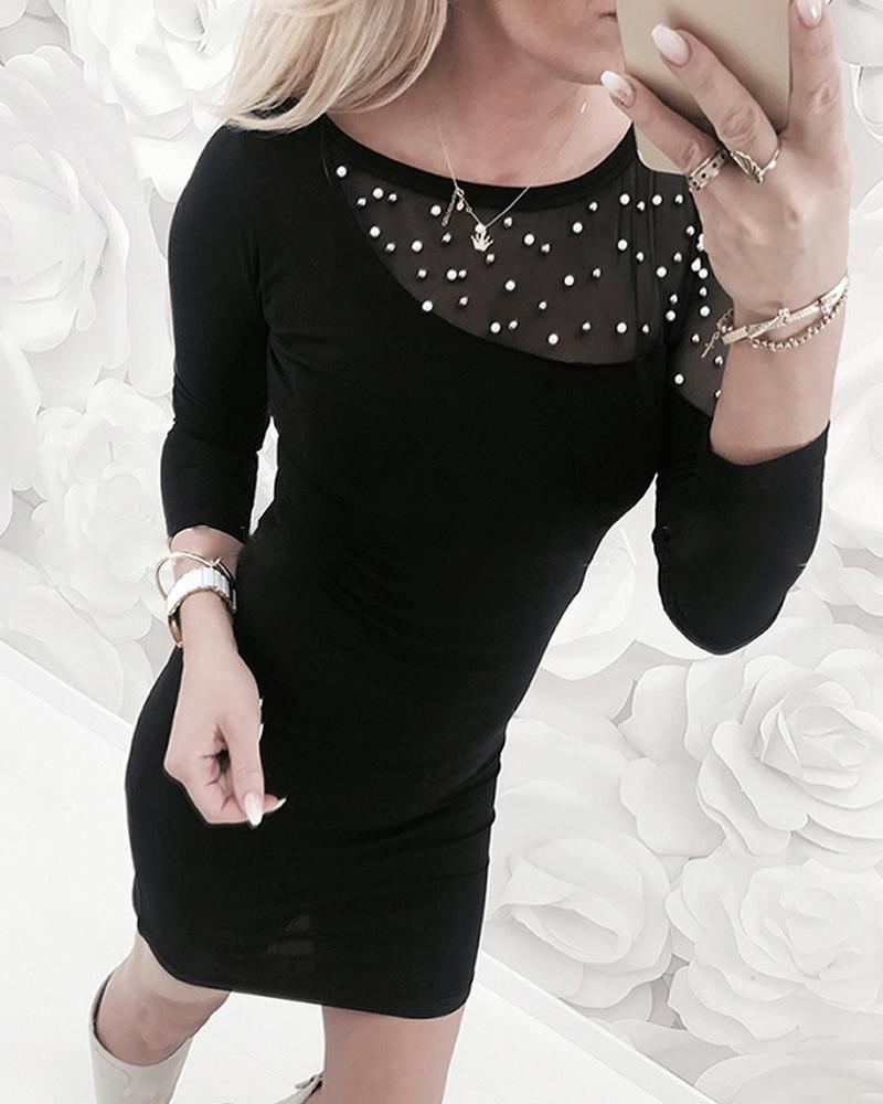 

Beads Embellsihed Semi Sheer Bodycon Dress, Black