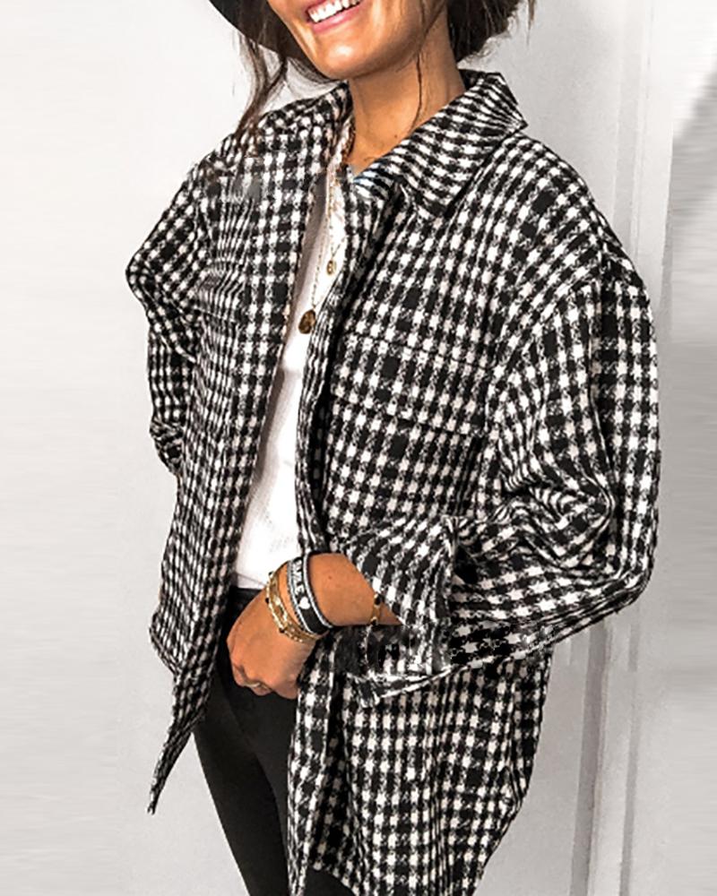 

Long Sleeve Pocket Button Design Checked Shacket, Black