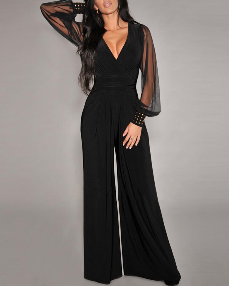 

See Through Mesh Sleeve Wide Leg Jumpsuit, Black