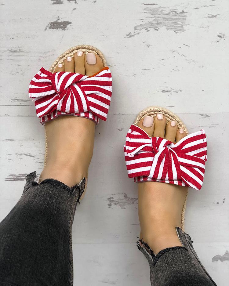

Striped Bowknot Decorated Flat Shoes, Red