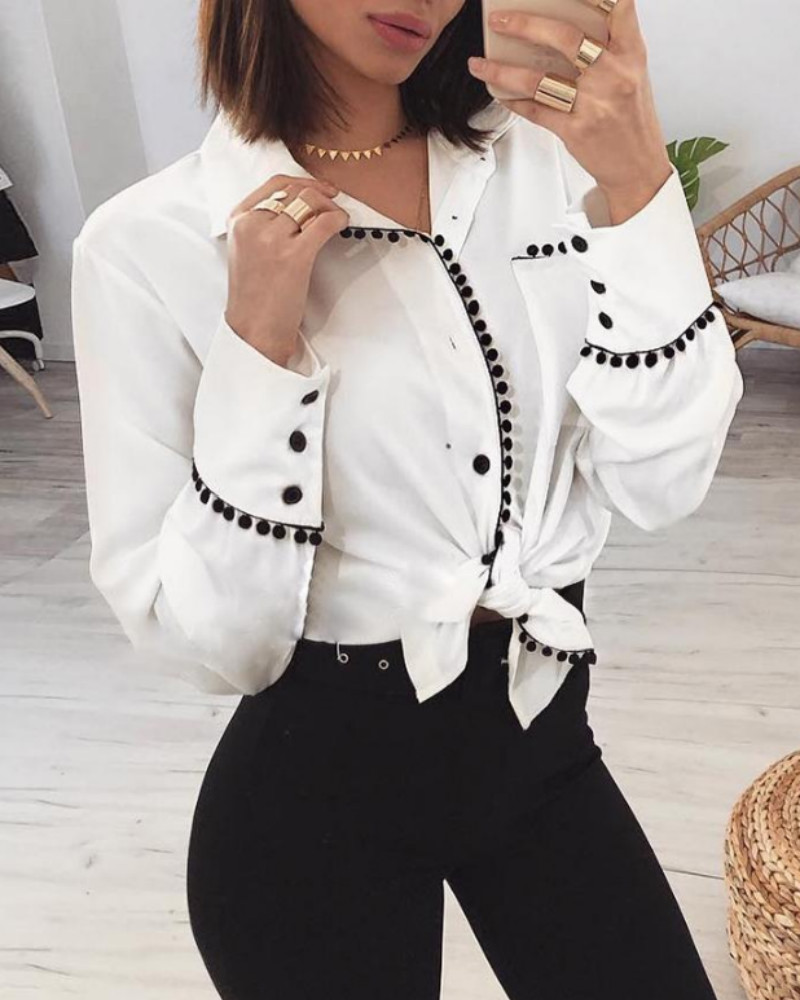 

Contrast Pom Pom Detail Casual Blouse, White