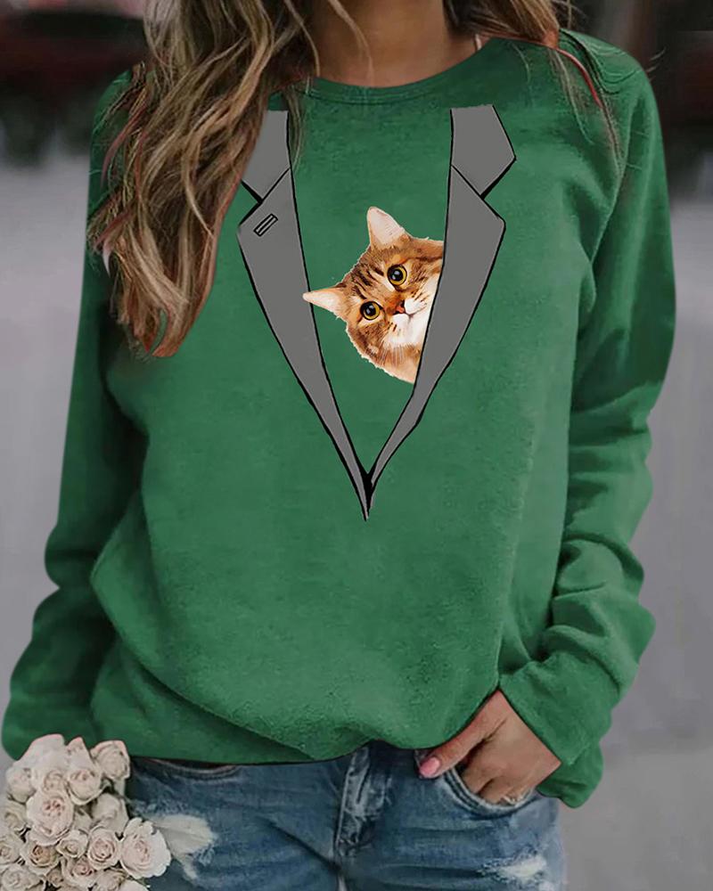 

Cat Print Pullover Casual Sweatshirt, Green