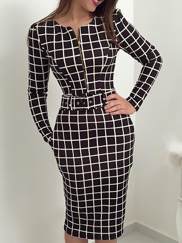 

Grid Long Sleeve Zipper Up Belted Dress, Black