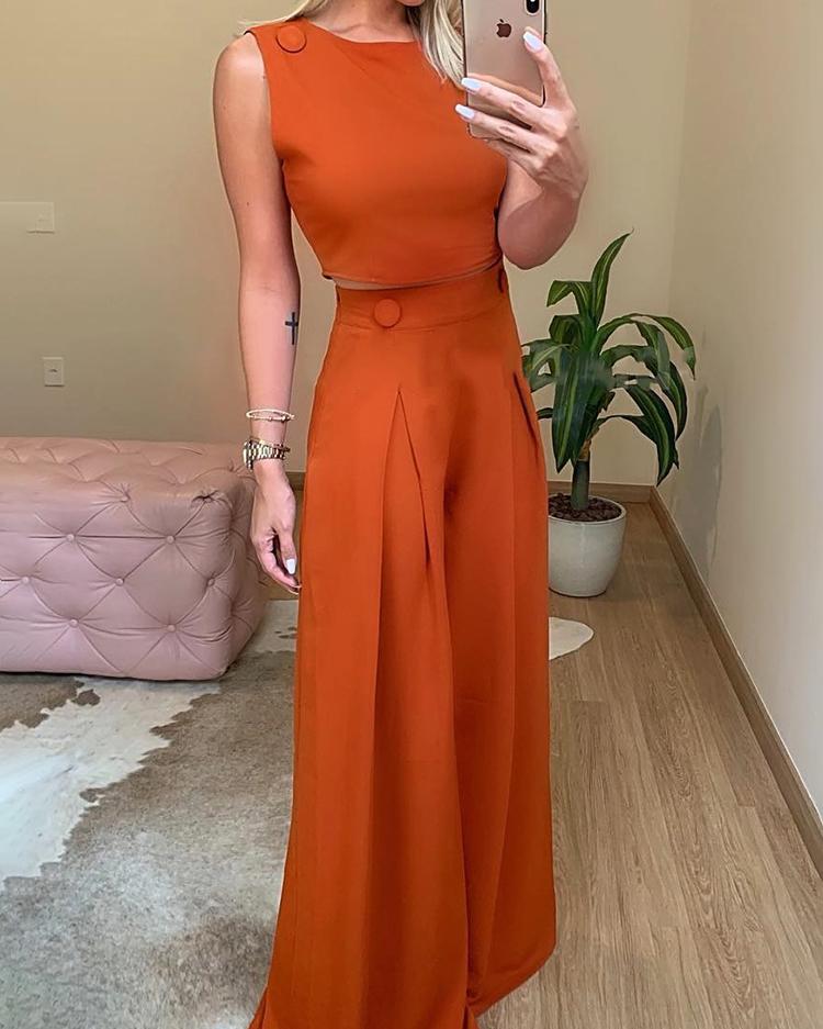 

Sleeveless Crop Top & Buttoned Pants Set, Orange