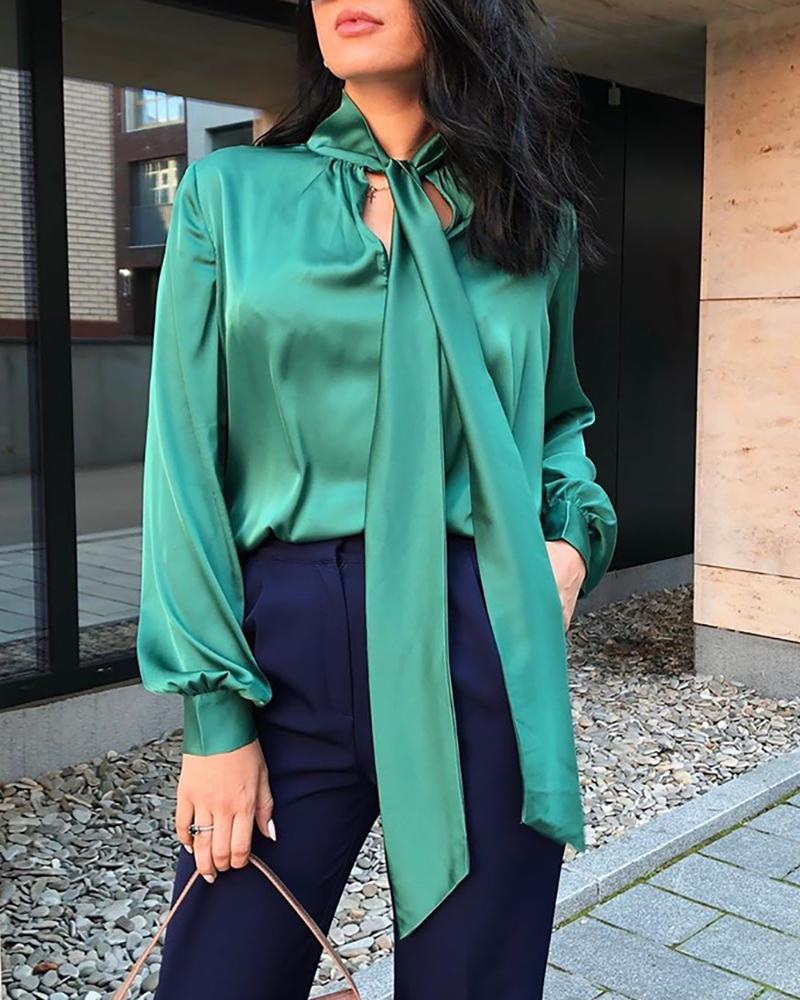 

Solid Lantern Sleeve Tied Neck Blouse, Green