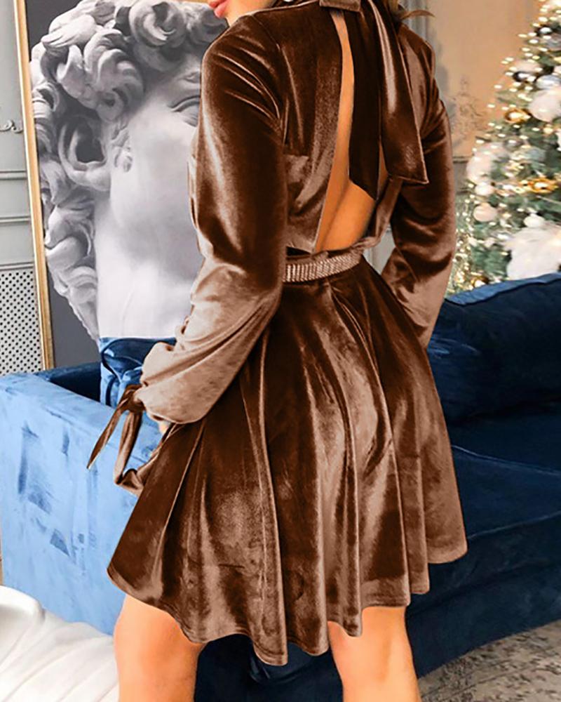 

Velvet Backless Pleated Mini Dress, Brown