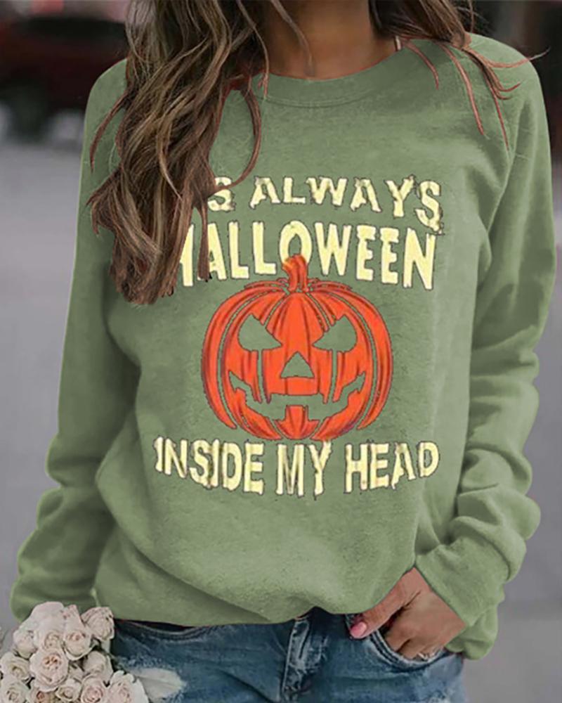 

Halloween Letter Pumpkin Print Casual Sweatshirt, Green