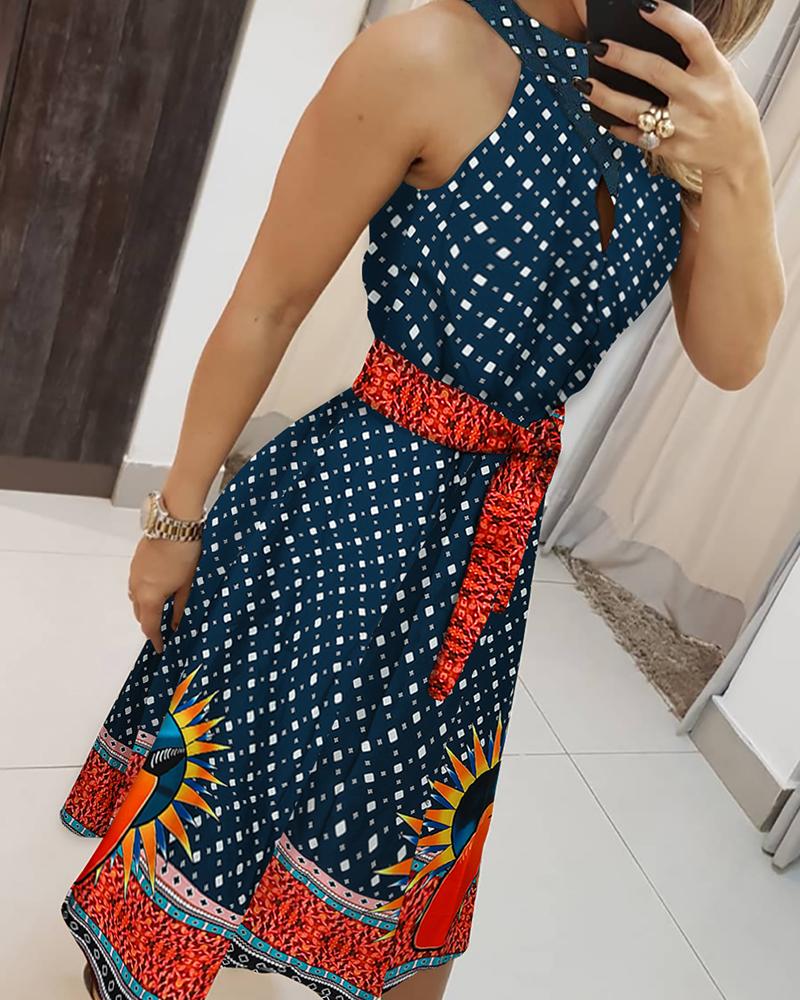 

High Neck Print Cutout Front Sleeveless Casual Dress, Blue