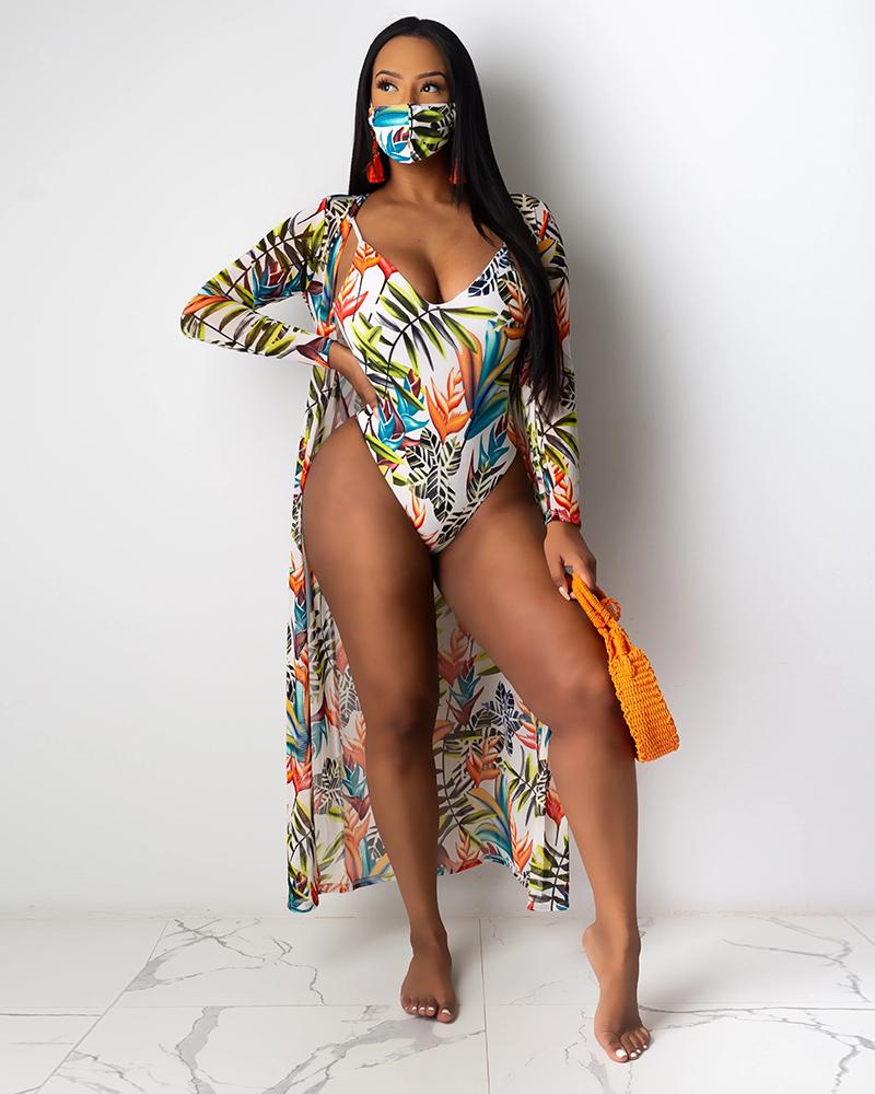 

Tropial Print Backless One Piece Swimsuit & Cover Up & Mask, Multicolor