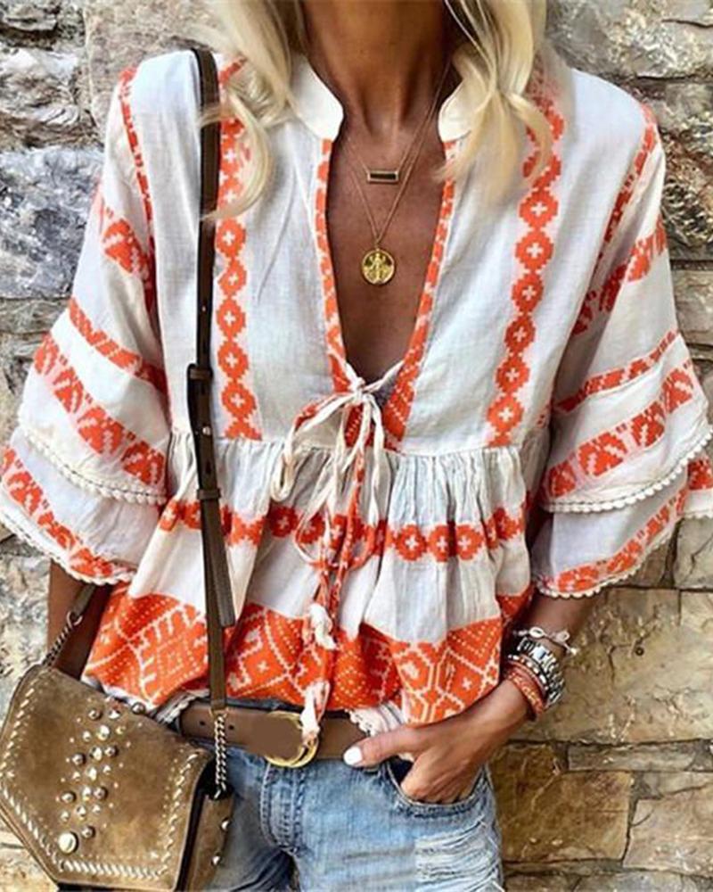 

V-neck Ethnic Printed Cascading Sleeve Top, Orange