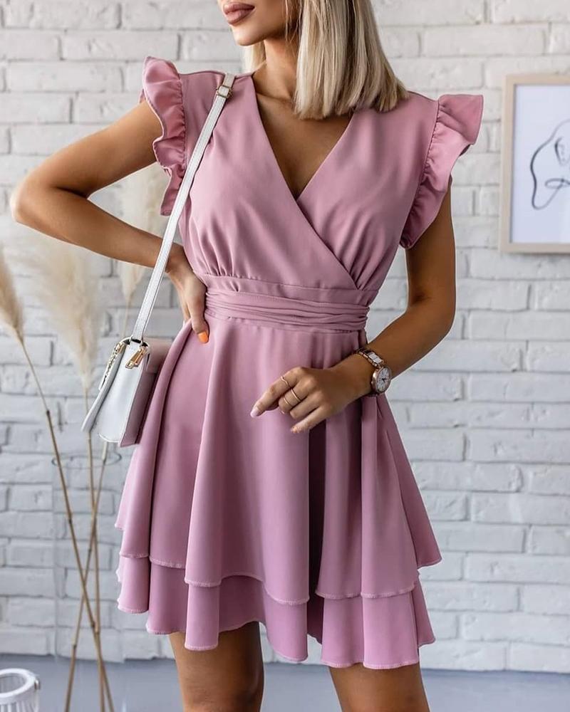 

V Neck Ruffles Sleeve Ruched Layered Wrap Dress, Pink