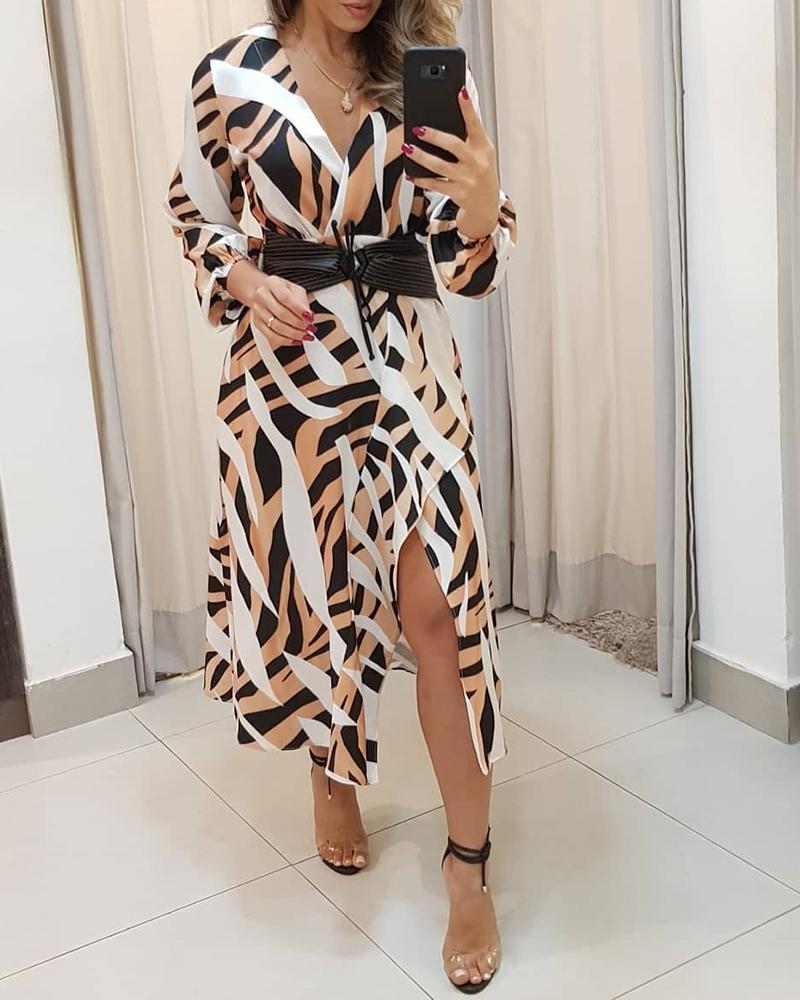 

V-neck Print Slit Midi Dress, Multicolor