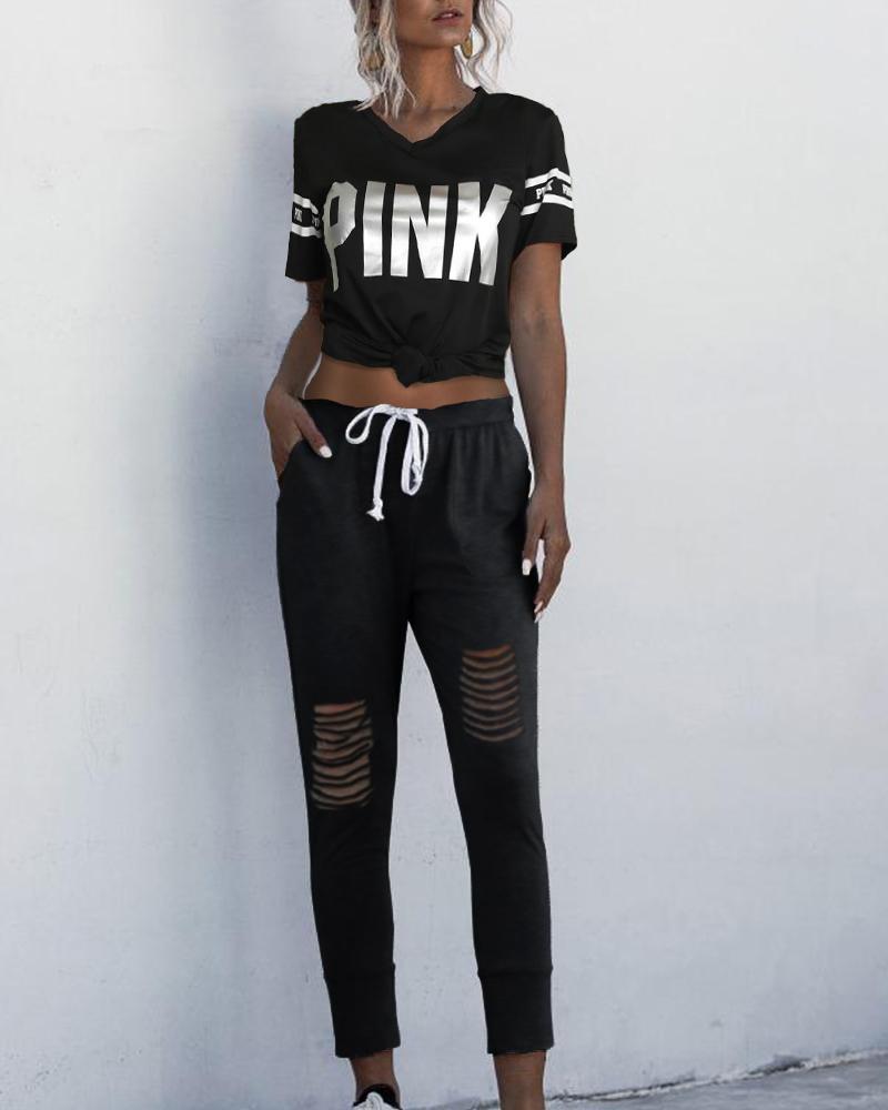 

Letter Print Hollow Out Top & Pants Set, Black