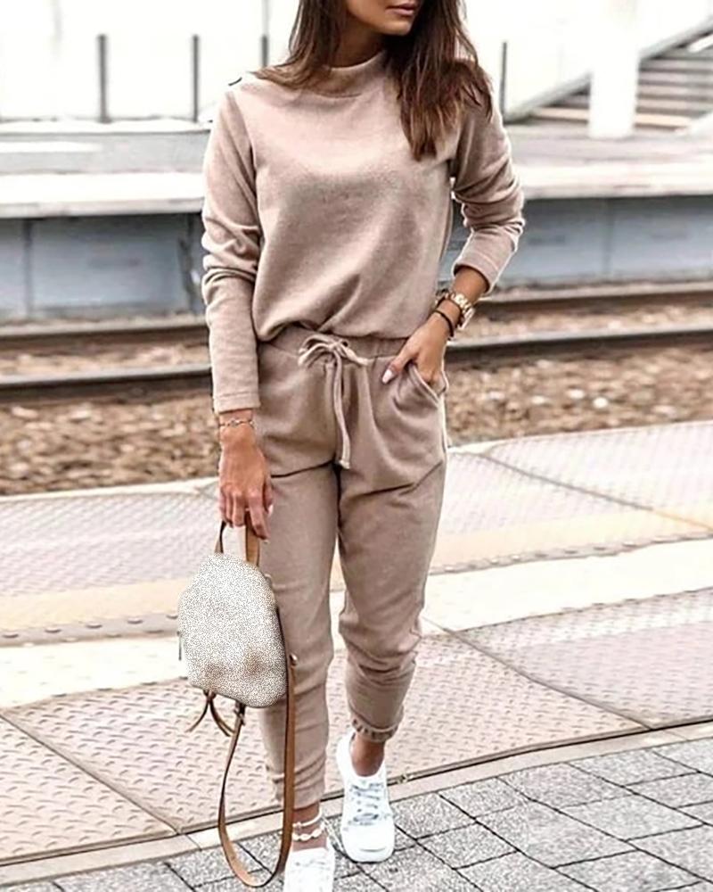 

High Neck Solid Long Sleeve Casual Top & Pant Set, Apricot