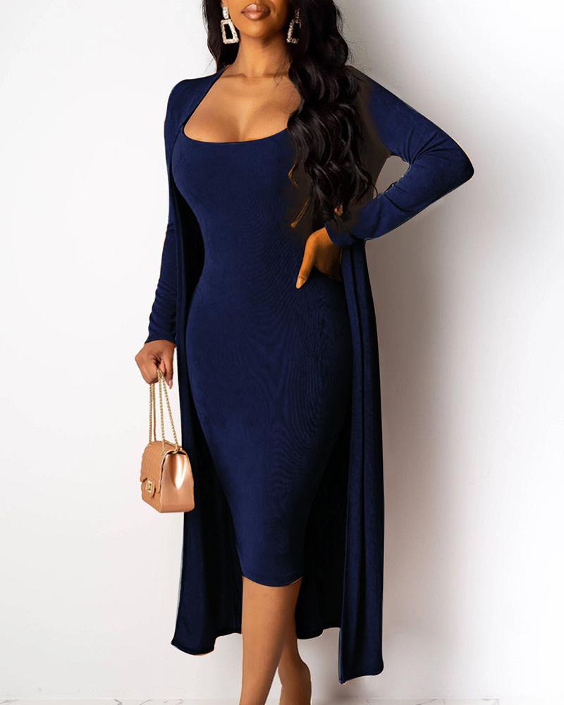 

Solid Spaghetti Strap Bodycon Dress & Casual Longline Coat Sets, Dark blue