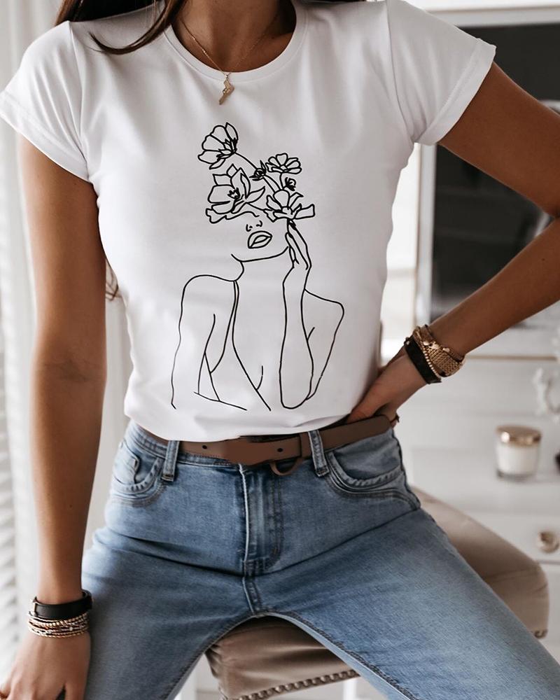 

Print Round Neck Short Sleeve T-shirt, White