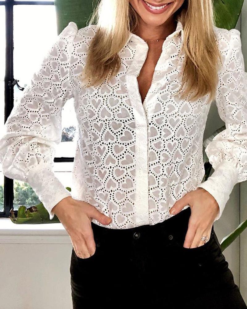 

Lantern Sleeve Eyelet Embroidery Lace Shirt, White