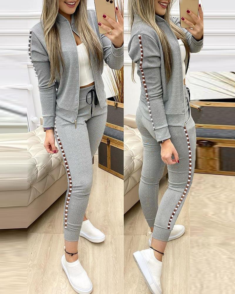 

Beaded Jacket & Drawstring Pants Set, Gray